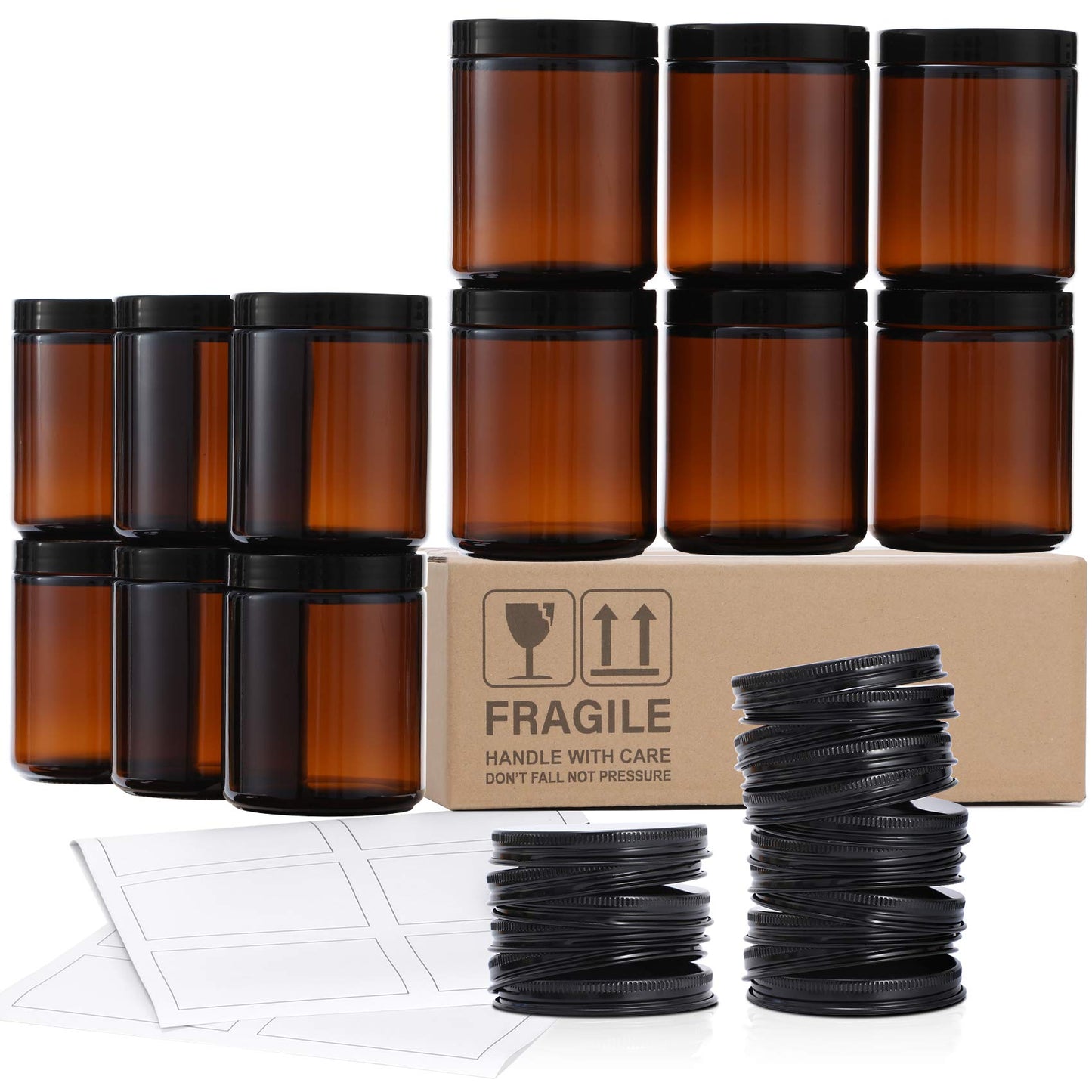 12 Pack 8 OZ Thick Amber Round Glass Jars